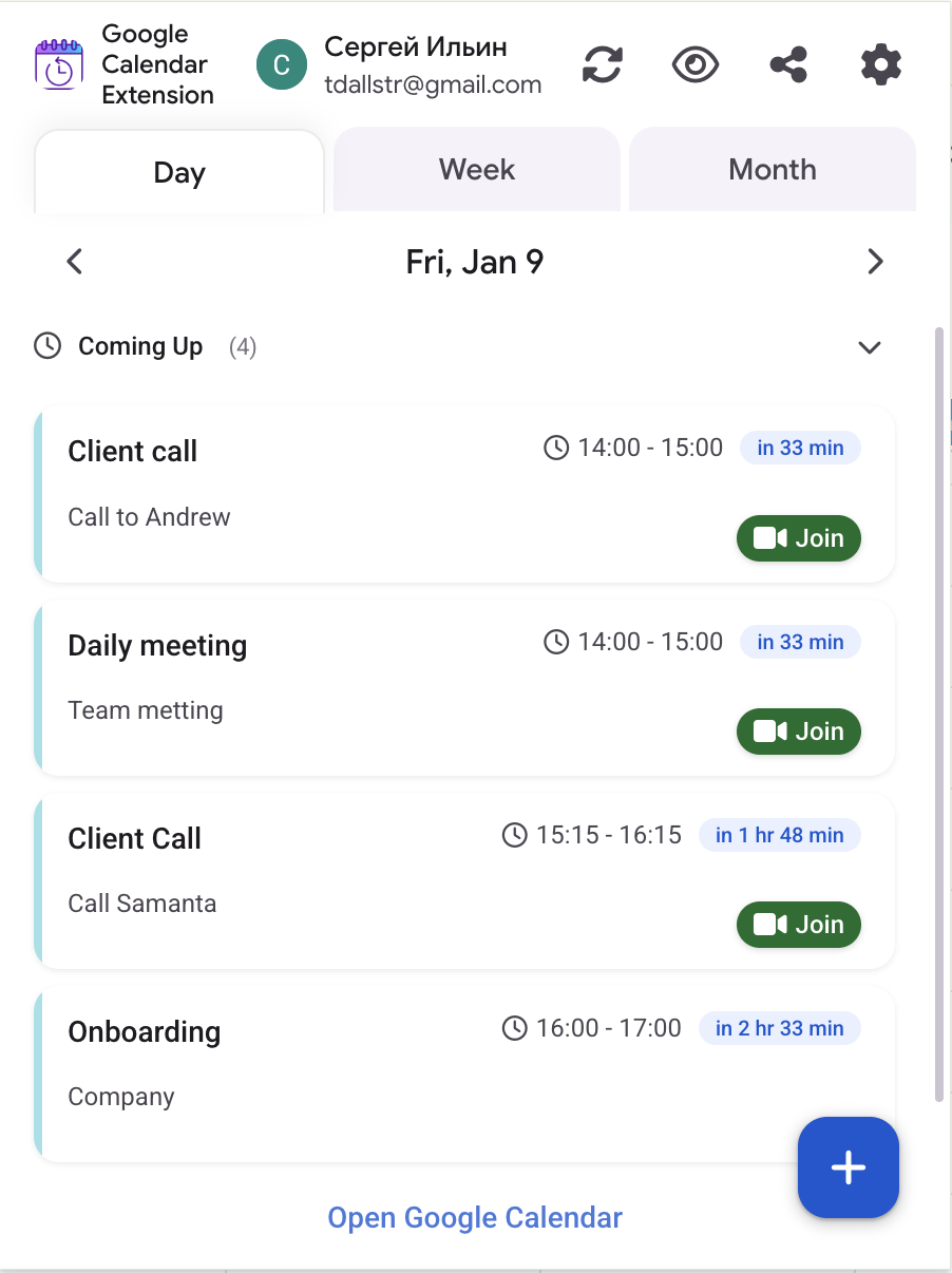 Schedule Calendar popup with day, week, and month tabs plus upcoming events